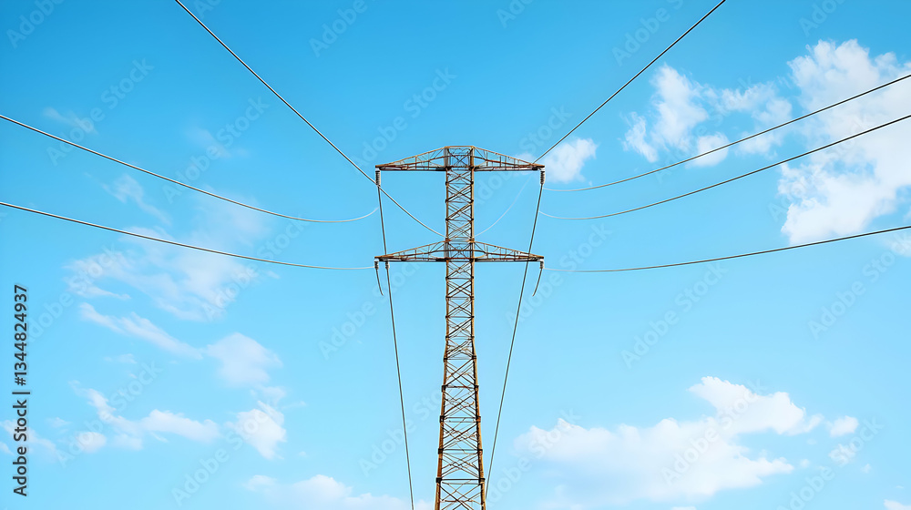 Metallic Power Transmission Tower with Overhead Cables Against a Blue Sky and Scattered Clouds Metallic Power Transmission Tower with Overhead Cables Against a Blue Sky and Scattered Clouds