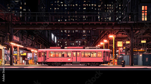 Pixelated Pink Train At A Night Station With Illuminated Buildings In Background