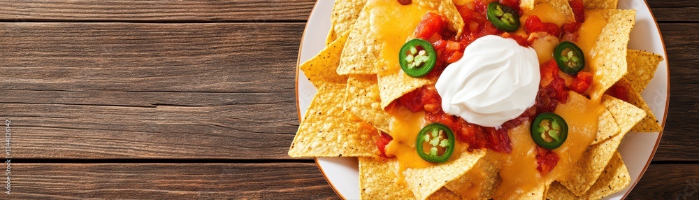 Gourmet Loaded Nachos with Cheese, Salsa, Jalapeños, and Cream on a Rustic Wooden Table Gourmet Loaded Nachos with Cheese, Salsa, Jalapeños, and Cream on a Rustic Wooden Table