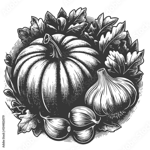 Classic pumpkin and garlic illustration emphasizing natural produce