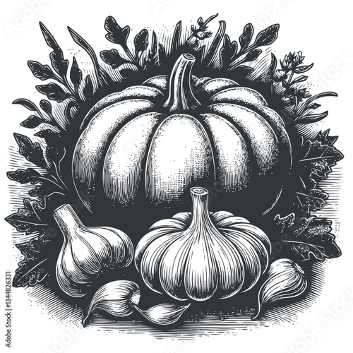 Engraving of pumpkin and garlic emphasizing natural freshness