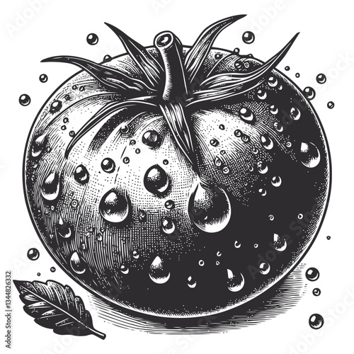 Close-up macro of a tomato with water droplets, capturing its natural vibrancy and farm-fresh goodness