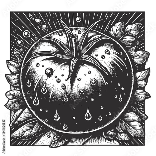 Detailed close-up of a ripe tomato covered in water droplets, symbolizing freshness and natural goodness