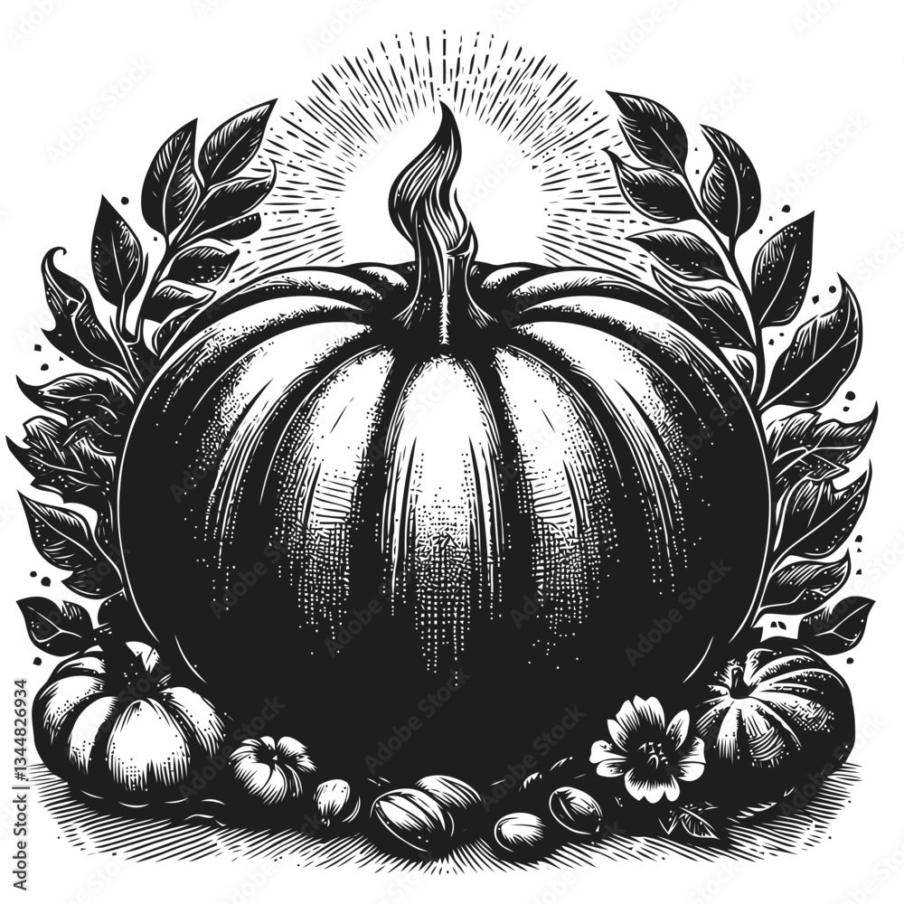 custom made wallpaper toronto digitalArtistic seasonal glowing pumpkin illustration with engraving style details