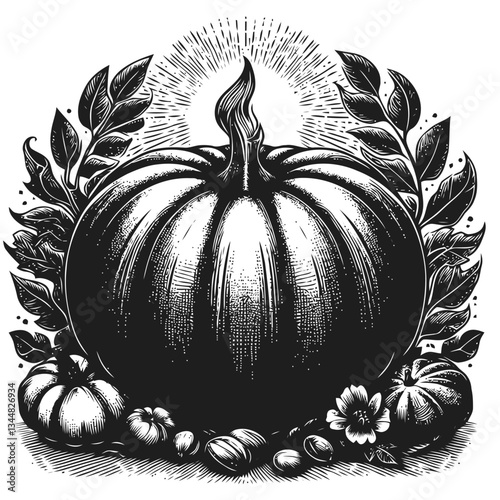 Artistic seasonal glowing pumpkin illustration with engraving style details