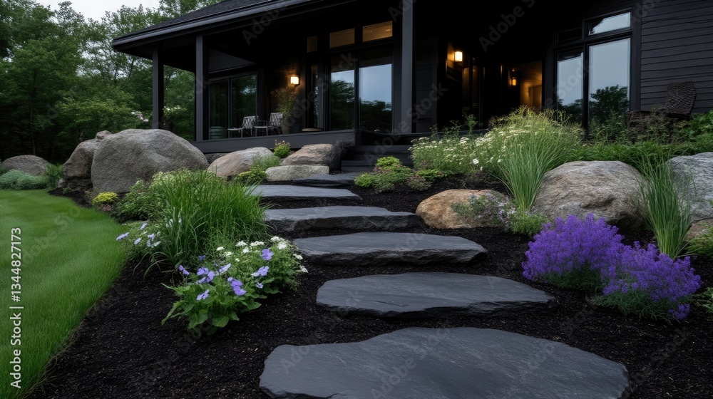 Modern landscape design with stone steps and garden beds
