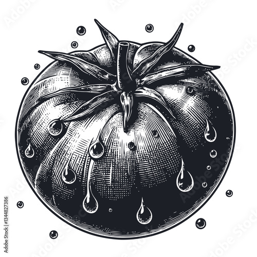 A vibrant red tomato with water droplets in close-up, showcasing its freshness and natural texture