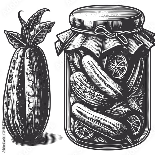 Vintage glass jar containing pickled vegetables with artistic details