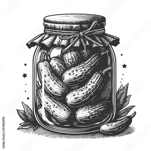 Rustic pickled vegetable jar illustration with intricate engraved details