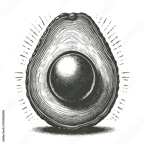 Freshly engraved avocado slice with radiant glowing seed illustration