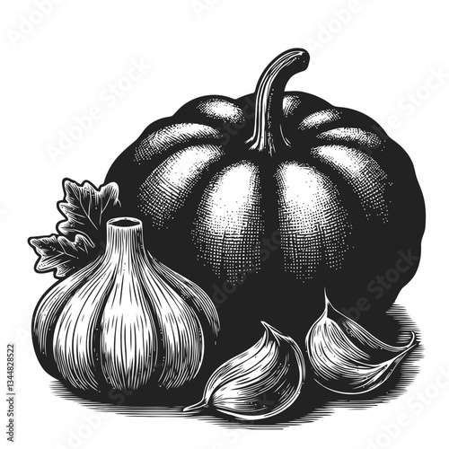 Rustic engraving of pumpkin and garlic for culinary inspiration