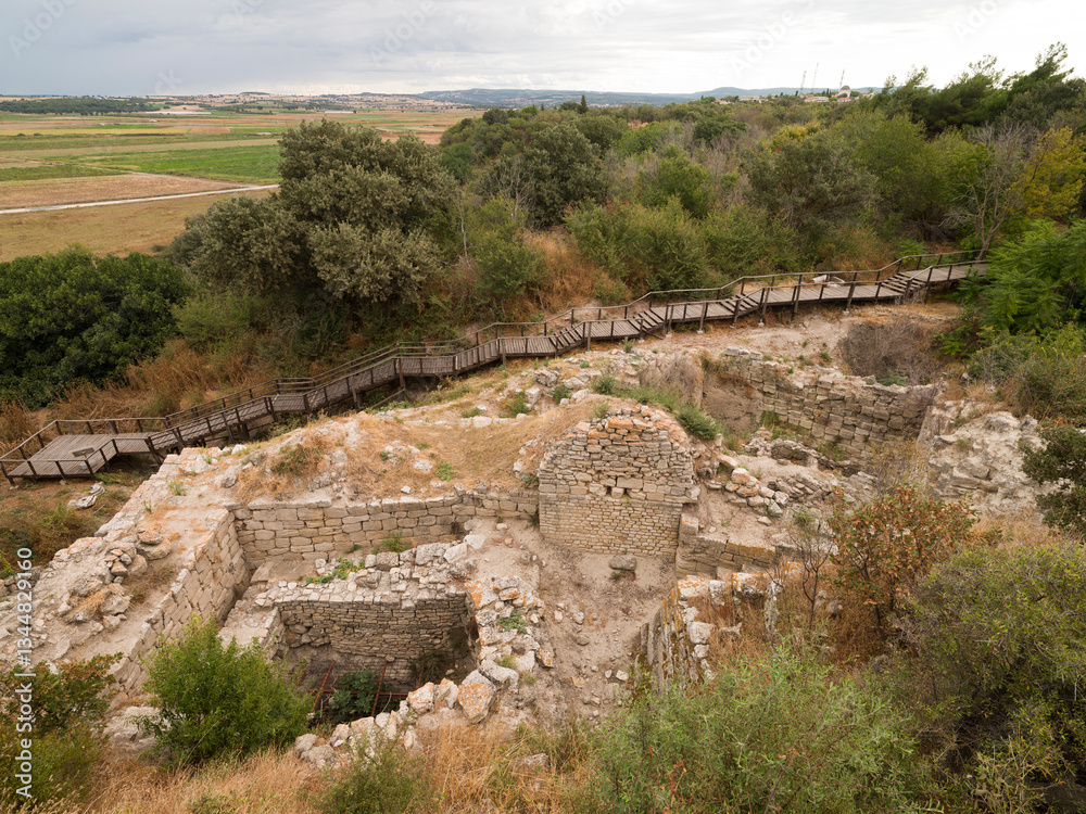 Fototapeta premium Ruins of the ancient city of Troy. The city of Troy is a UNESCO World Heritage Site. Travelling to Turkey. Canakkale province, Turkey country