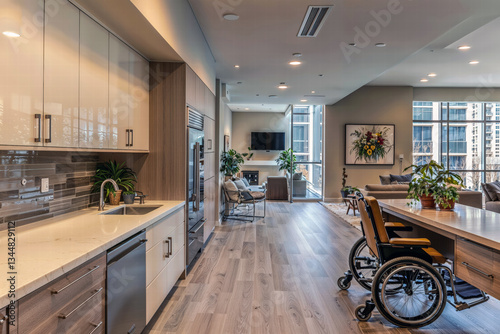 Modern wheelchair accessible apartment with open-concept kitchen, stylish decor, natural light and inclusive interior design photo