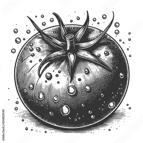 Focused close-up of a tomato with shimmering water droplets, showcasing its vibrant color and natural texture