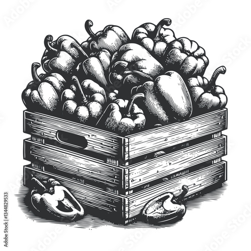 Engraved hand drawn wooden crate brimming with fresh bell peppers