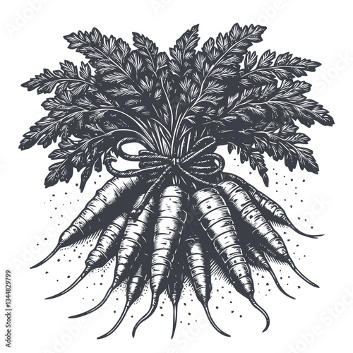 A picturesque bunch of freshly harvested carrots tied with twine, highlighting the simplicity and beauty of organic farming