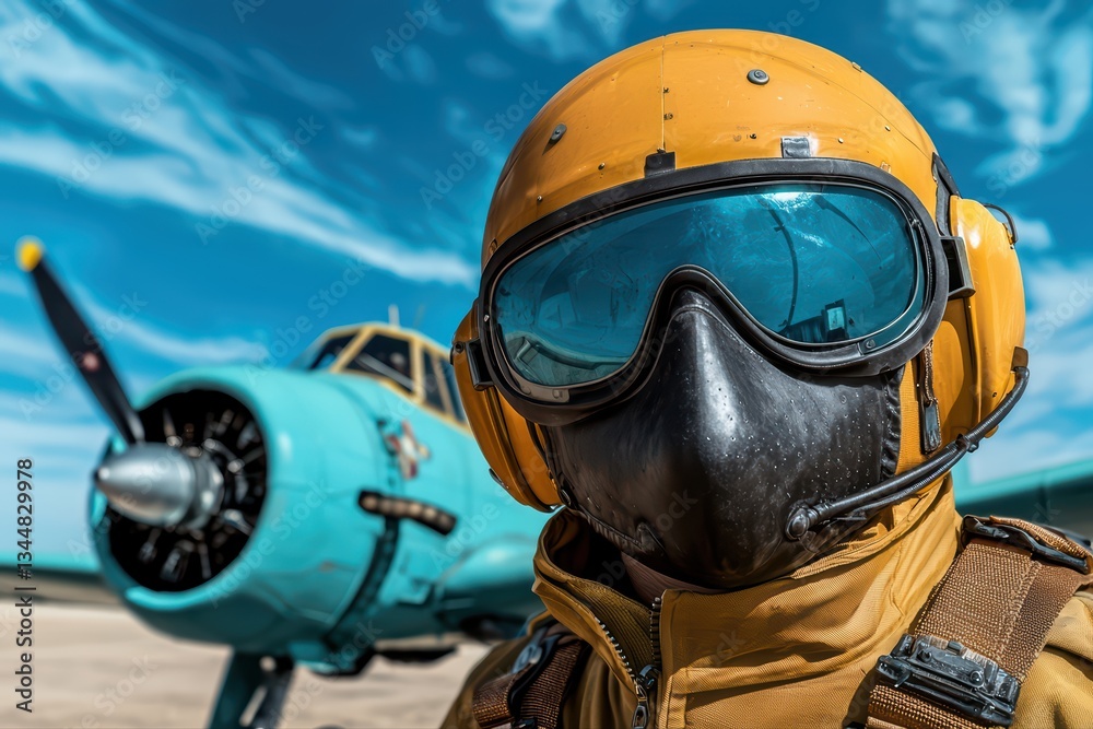 Naklejka premium Confident Aviator in Front of Vintage Aircraft with Eagle Motif and Bright Blue Sky Background