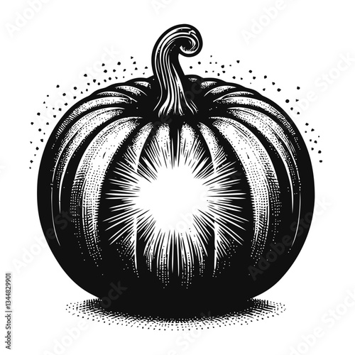 Artistic engraving of a glowing pumpkin in hand drawn illustration style