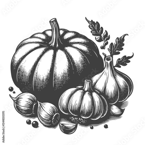 Artistic representation of pumpkin and garlic in vintage engraving