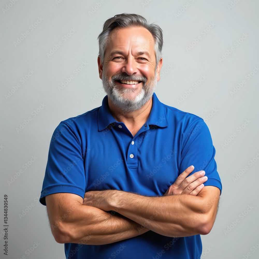 Fototapeta premium Middle-aged man with salt and pepper beard smiles. He wears blue polo shirt, arms crossed, stands on white background. Confident happy mature male portrait in casual attire. Success concept.