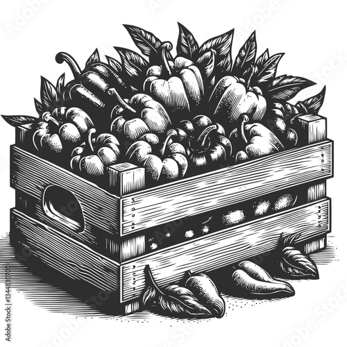 Hand drawn overflowing wooden crate filled with vibrant bell peppers