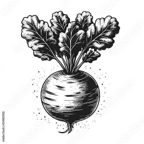 Vivid radish illustration with intricate leafy designs and texture