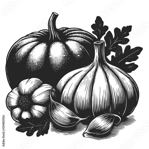 Organic farm produce pumpkin and garlic hand-drawn artwork