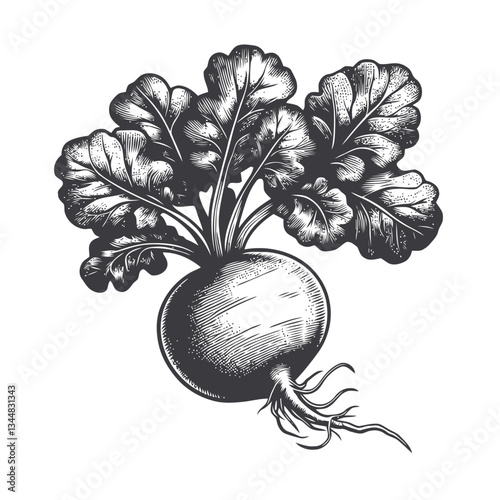 Engraved radish design with intricate patterns and bold shading