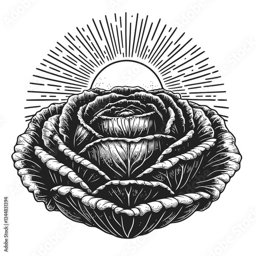 Engraved cabbage illustration under warm sunlight showcasing organic freshness