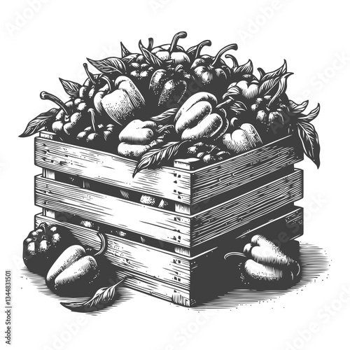 Detailed artistic illustration of overflowing wooden crate with bell peppers