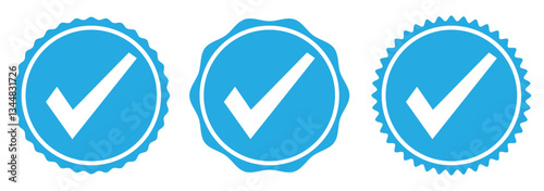 Set of verified badge. Blue check mark icon. Set of right symbol in zigzag style. Instagram verified badge. Social media account verification icons.   Blue verified badge icon vector. Tick, check mark