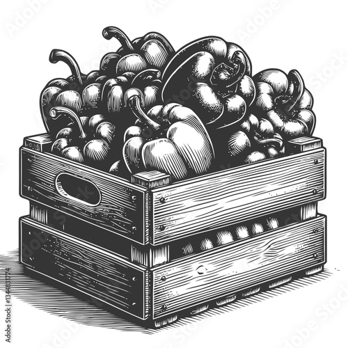 Artistic engraved wooden crate overflowing with ripe fresh bell peppers