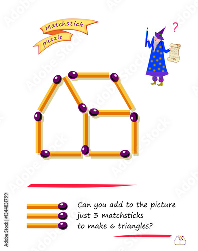 Logic puzzle game with matches for smartest. Can you add to the picture just 3 matchsticks to make 6 triangles? Page for brain teaser book. Developing spatial thinking skills. Vector illustration.