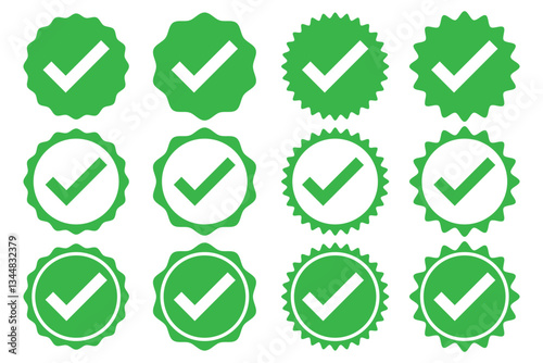 Whatsapp verified profile badge. Green verified badge icon. Social media account verification icon. Green check mark sign. Guaranteed safety person sign. Approved tick profile.  