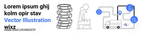 Money stacks, factory emitting smoke, delivery truck, location markers, and route map. Ideal for logistics, business planning, finance, manufacturing commerce supply chain simple landing page