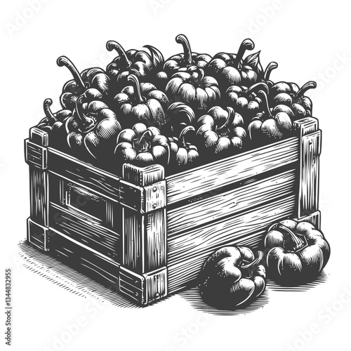 Illustrated engraving of a wooden crate packed with fresh bell peppers