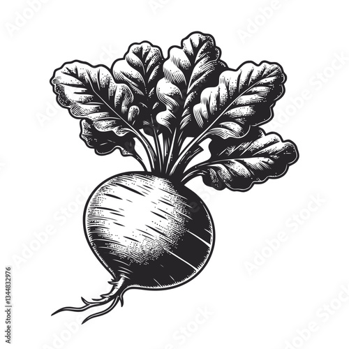 Hand-crafted radish illustration with realistic leaves and vibrant color
