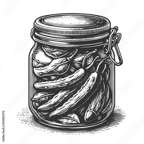 Engraving of a vintage glass jar filled with preserved vegetables