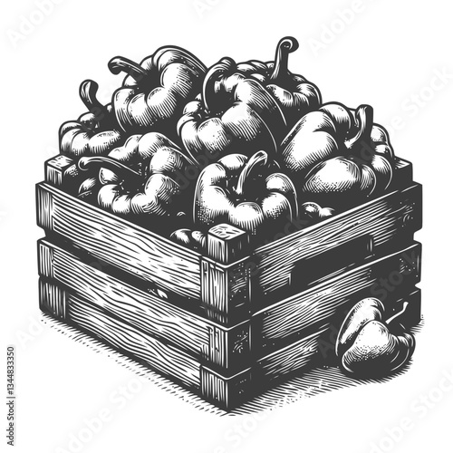 Sketch of an overflowing wooden crate packed with colorful bell peppers