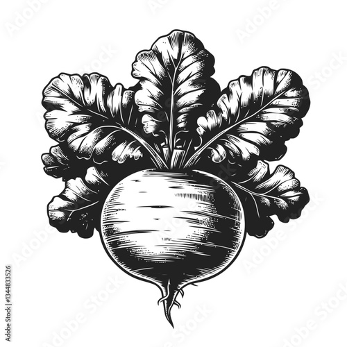 Detailed radish depiction highlighting vibrant greens and natural texture