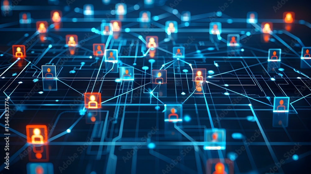 Obraz premium Abstract digital network connection showing global communication and social media. Image depicts a complex network of interconnected nodes, representing people or users.