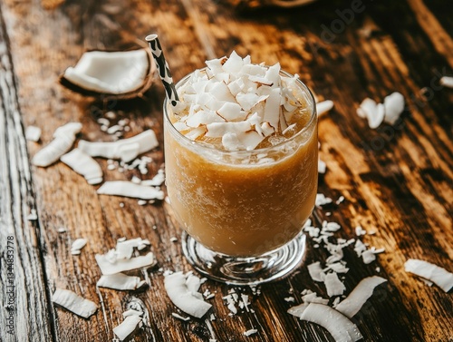 Coconut drink served on rustic wooden table