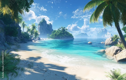 A beautiful tropical beach with white sand, palm trees, and clear blue water