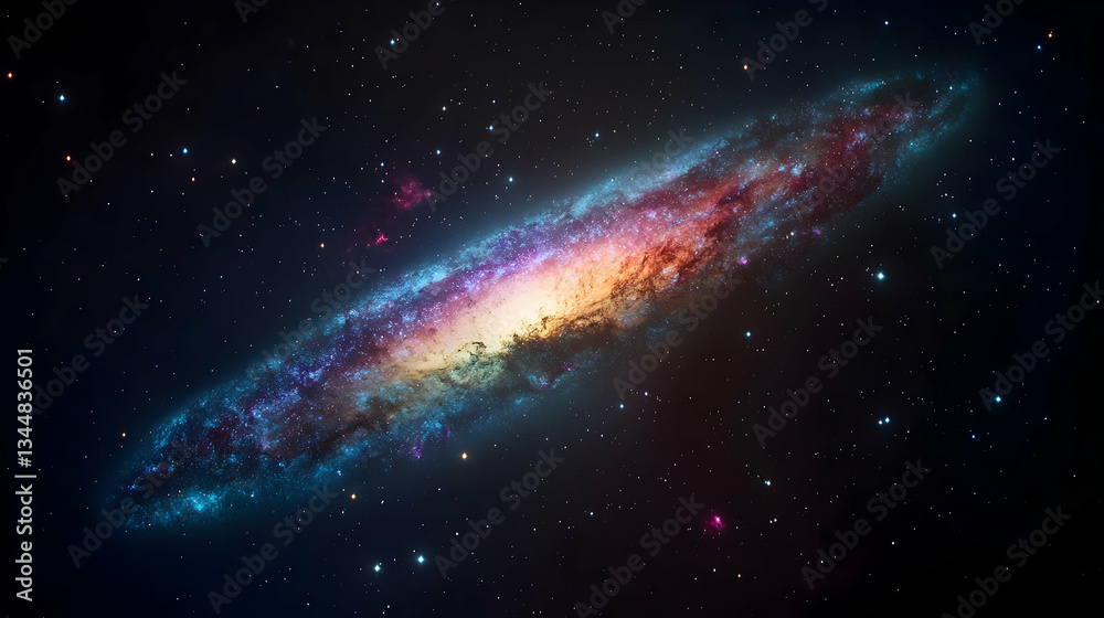 Fototapeta premium Elongated Galaxy in Space with Swirling Colors of Blue Orange and Purple Illuminated by Countless Sparkling Stars Against Dark Background