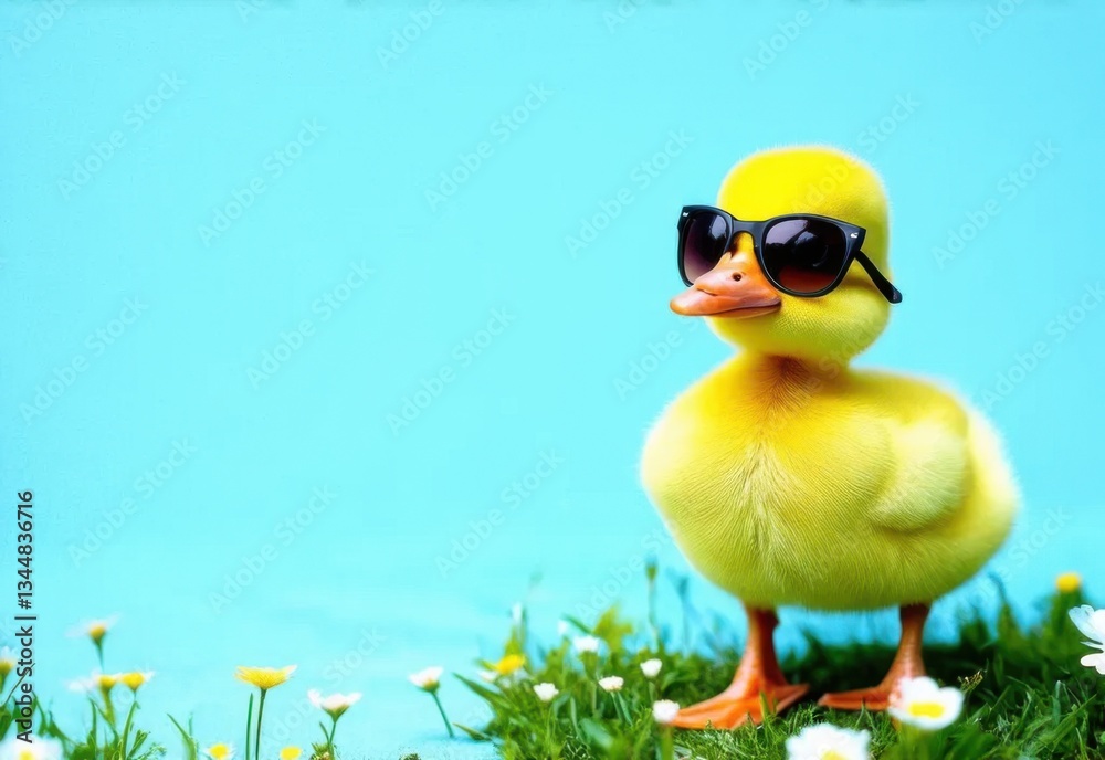 Cute little yellow duckling wearing sunglasses on a blue background with beautiful spring flowers. an Easter card. Easter chicken. The duckling