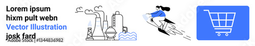 Factory chimneys emitting smoke, woman riding a jet ski on water, and a shopping cart icon. Ideal for industry, adventure, recreation, shopping, commerce, environment and simple landing page