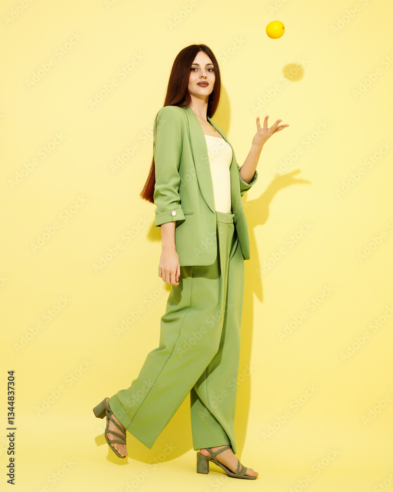 Fashion portrait of beautiful model in green suit with lemons against yellow background