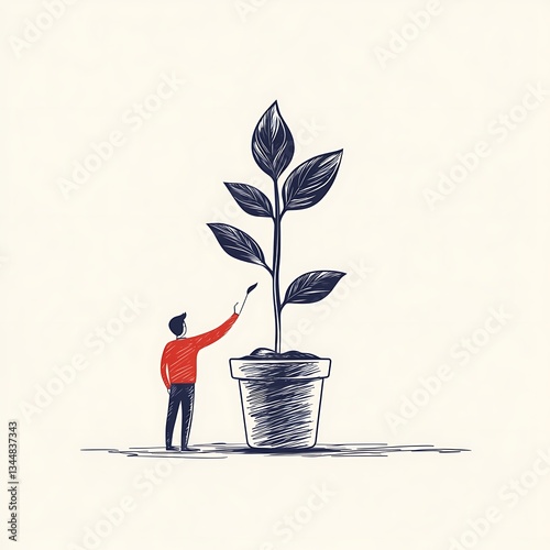 Man Nurturing Growth for Plant Pot, Sketch.