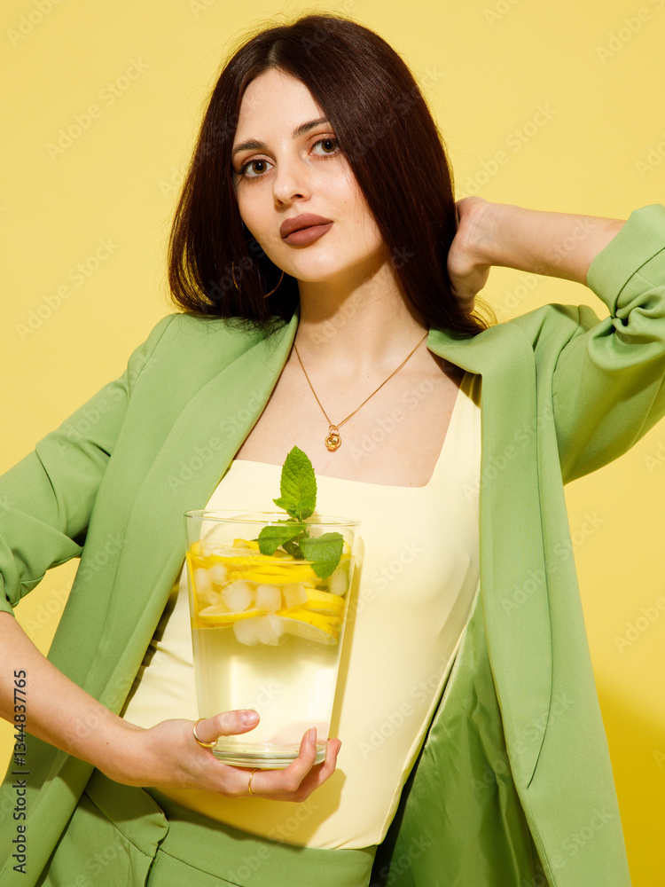 Fashion portrait of beautiful model in green suit with glass of lemonade against yellow background