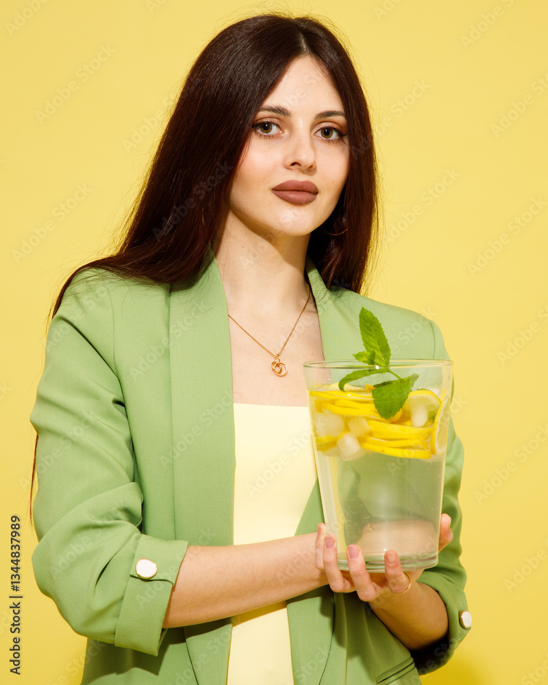 Fashion portrait of beautiful model in green suit with glass of lemonade against yellow background